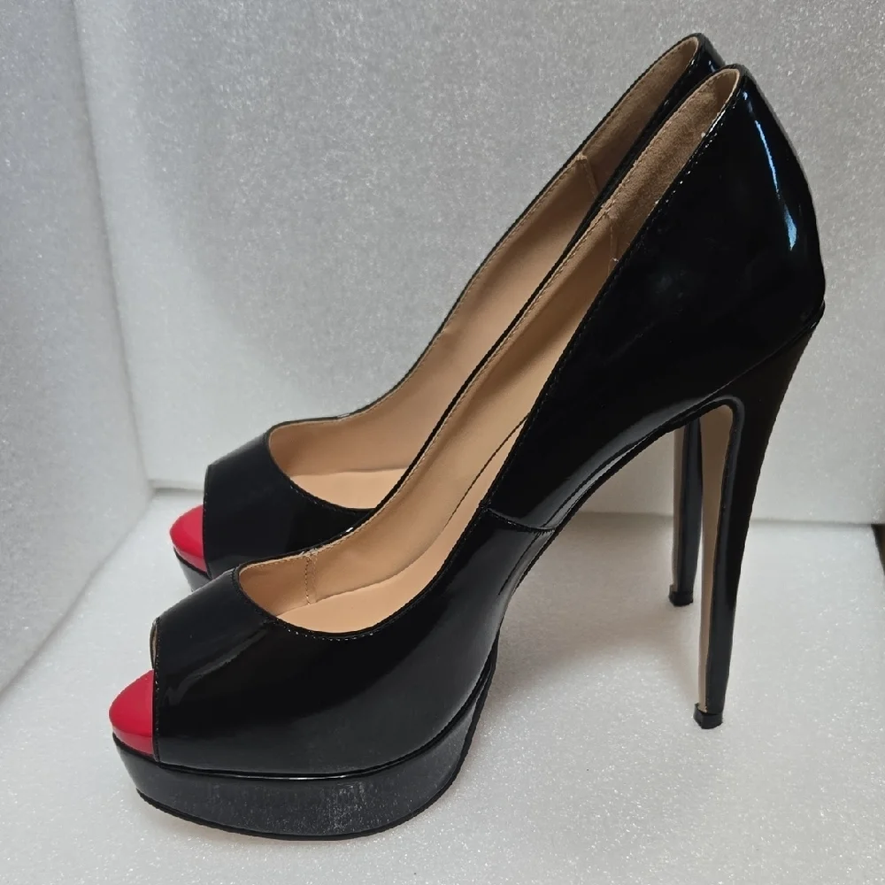 Marumote 6" SHINEY BLACK STILETTOS W/ RED PEEP VALENTINE'S  DIVA 9.5 - Picture 5 of 17